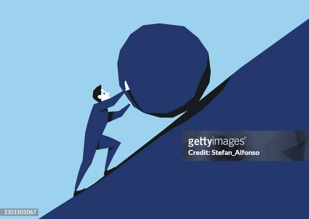 sisyphus illustration. man pushing big stone uphill - persistence stock illustrations