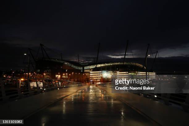 General view outside the stadium prior to the UEFA Champions League group A match between Manchester City and Club Brugge KV at Etihad Stadium on...