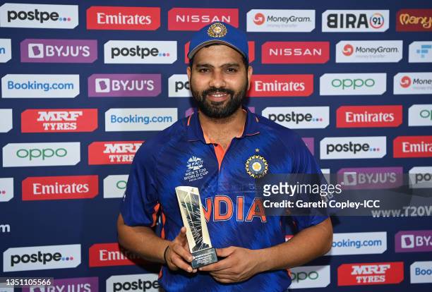 Rohit Sharma of India poses after being named Player of the Match following the ICC Men's T20 World Cup match between India and Afghanistan at Sheikh...