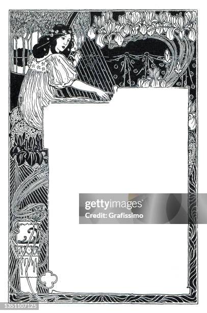 ilustrações de stock, clip art, desenhos animados e ícones de woman playing harp in nature dreaming art nouveau 1897 - harpa