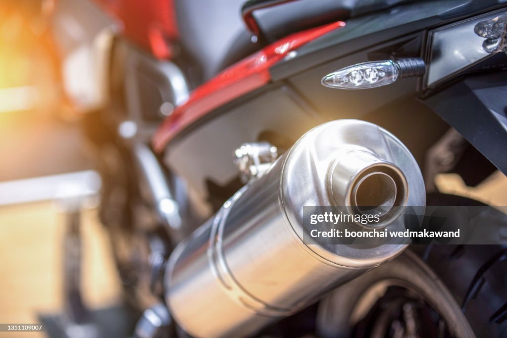Close up shot of a motorcycle exhaust pipes