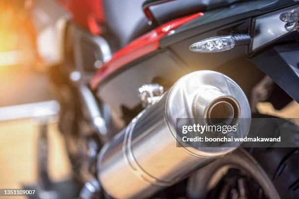 close up shot of a motorcycle exhaust pipes - bike accessories bildbanksfoton och bilder