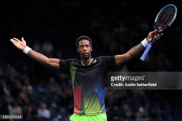 Gael Monfils of France celebrates winning a point during his singles match against Adrian Mannarino of France on Day Three of the Rolex Paris Masters...