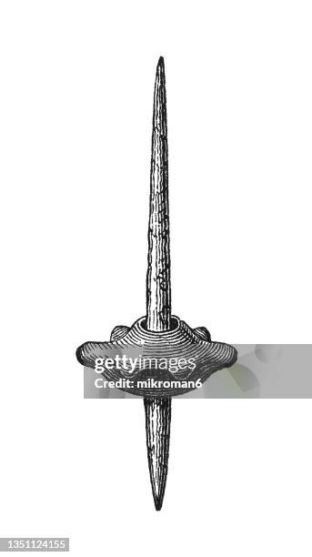 old engraved illustration of objects from the bronze age find of in the zurich lake after architectural finds in the mid-19th century (pile dwellings) - spindle and whorl - spindle stock pictures, royalty-free photos & images