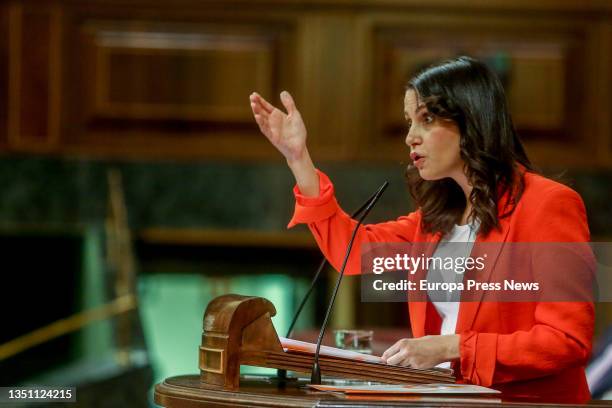 The leader of Ciudadanos, Ines Arrimadas, speaks in a plenary session in the Congress of Deputies, on November 3 in Madrid, Spain. During the plenary...