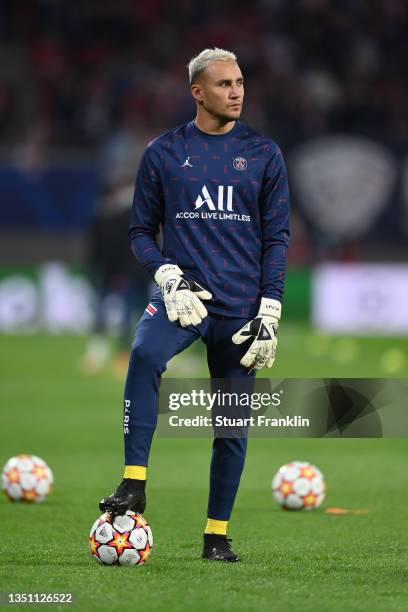 Keylor Navas of Paris Saint-Germain warms up prior to the UEFA Champions League group A match between RB Leipzig and Paris Saint-Germain at Red Bull...