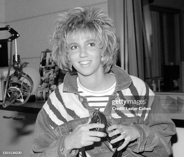 American singer-songwriter, pianist, record producer and actress Debbie Gibson visits the radio station KISS FM circa 1988 in Los Angeles, California.