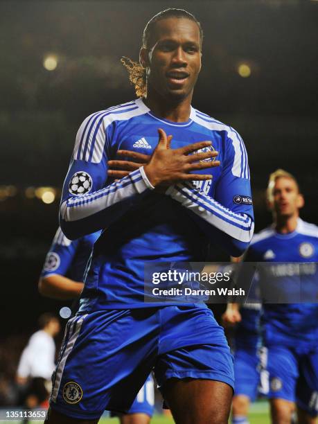 Didier Drogba of Chelsea celebrates as he scores their first goal during the UEFA Champions League Group E match between Chelsea FC and Valencia CF...