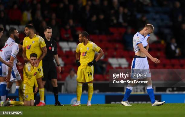 Jan Paul Van Hecke of Blackburn Rovers leaves the pitch following receiving a red card during the Sky Bet Championship match between Blackburn Rovers...
