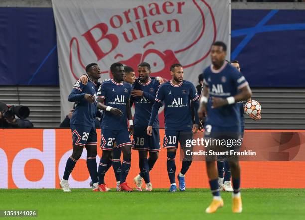 Georginio Wijnaldum of Paris Saint-Germain celebrates with teammates after scoring their team's first goal during the UEFA Champions League group A...