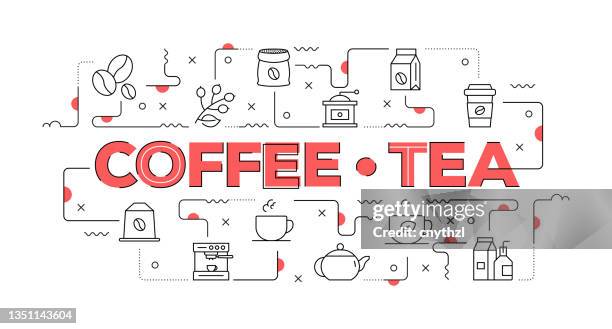 coffee and tea web banner line style. modern design vector illustration - sugar cube stock illustrations