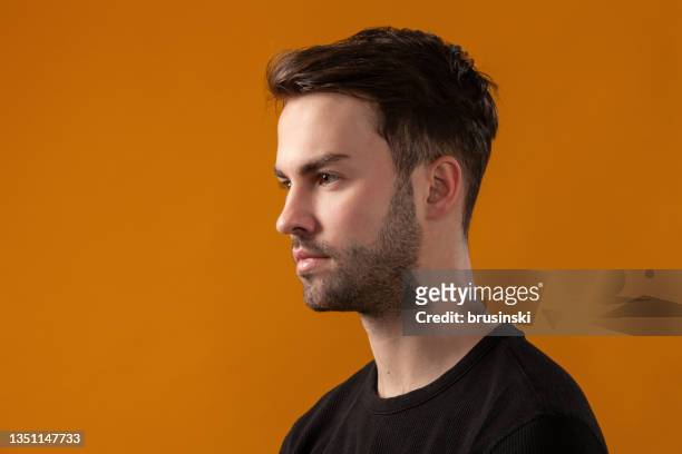 studio portrait of attractive 20 year old bearded man - 都會型男 個照片及圖片檔