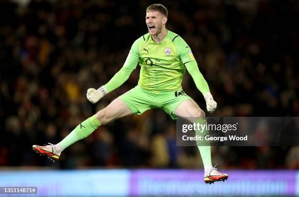 Bradley Collins of Barnsley celebrates after their second goal during the Sky Bet Championship match between Barnsley and Derby County at Oakwell...