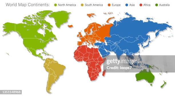 bildbanksillustrationer, clip art samt tecknat material och ikoner med detailed world map divided into six continents - accurate & correct version - vector