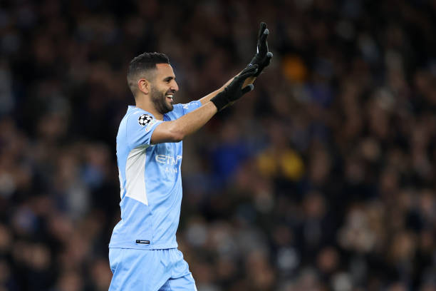 Riyad Mahrez of Manchester City celebrates after scoring their team's second goal during the UEFA Champions League group A match between Manchester...