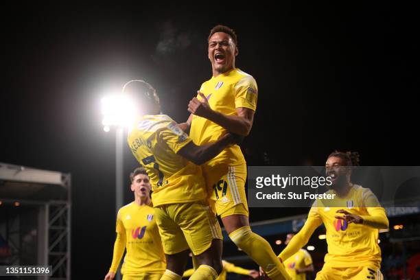 Rodrigo Muniz of Fulham celebrates with teammates after scoring their team's sixth goal during the Sky Bet Championship match between Blackburn...