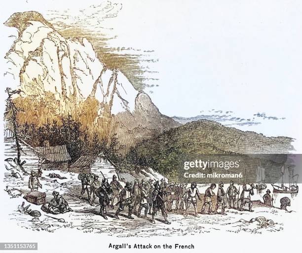 old engraved illustration of argall's attack on the french - pilgrims and indians stockfoto's en -beelden