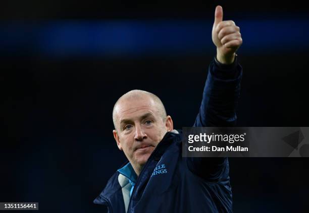 Mark Warburton, Manager of Queens Park Rangers celebrates victory following the Sky Bet Championship match between Cardiff City and Queens Park...