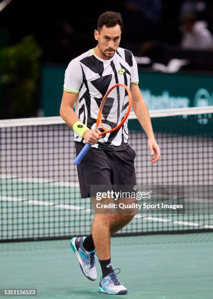 Gianluca Mager of Italy looks on during his singles match against Felix Auger-Aliassime of Canada on Day Two of the Rolex Paris Masters at...