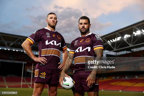 Kurt Capewell and Adam Reynolds pose during the launch of the Brisbane Broncos 2022 NRL Season jersey at Suncorp Stadium on October 26, 2021 in...