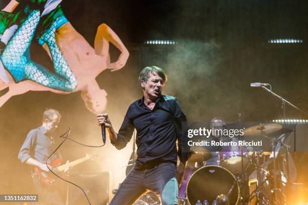 Mat Osman, Brett Anderson and Simon Gilbert of Suede perform on stage at Usher Hall on November 03, 2021 in Edinburgh, Scotland.