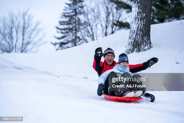 family tobogganing during winter. - senior winter sport stock pictures, royalty-free photos & images