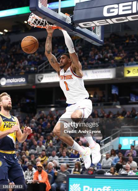 Obi Toppin of the New York Knicks shoots the ball against the Indiana Pacers at Gainbridge Fieldhouse on November 03, 2021 in Indianapolis, Indiana....