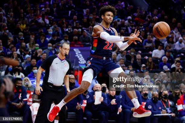 Matisse Thybulle of the Philadelphia 76ers passes during the second quarter against the Chicago Bulls at Wells Fargo Center on November 03, 2021 in...