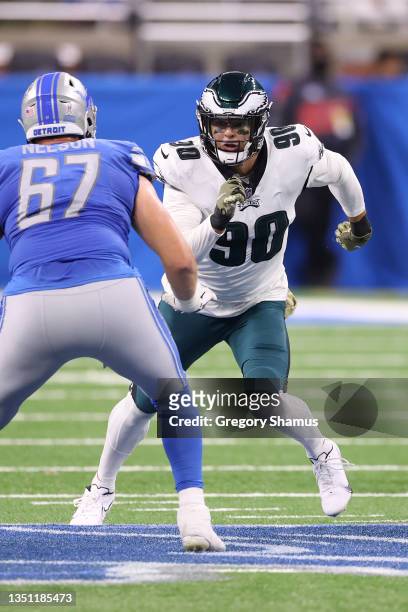 Ryan Kerrigan of the Philadelphia Eagles plays against the Detroit Lions at Ford Field on October 31, 2021 in Detroit, Michigan.