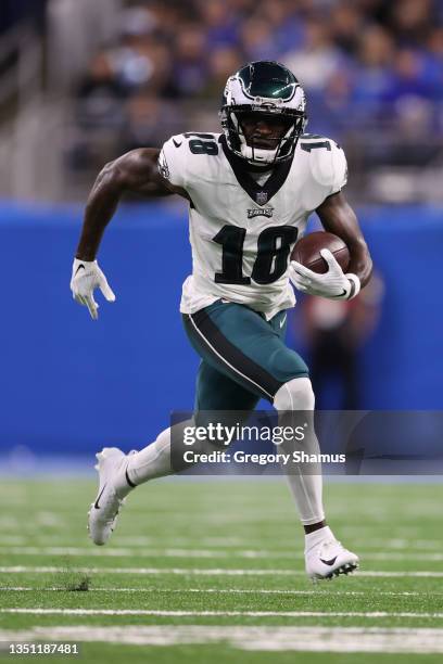 Jalen Reagor of the Philadelphia Eagles plays against the Detroit Lions at Ford Field on October 31, 2021 in Detroit, Michigan.