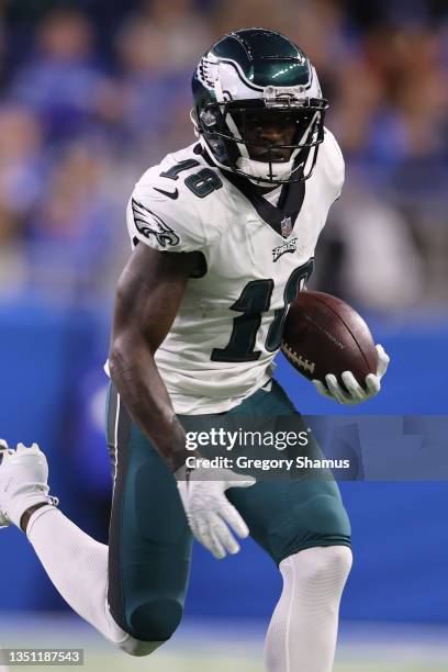 Jalen Reagor of the Philadelphia Eagles plays against the Detroit Lions at Ford Field on October 31, 2021 in Detroit, Michigan.