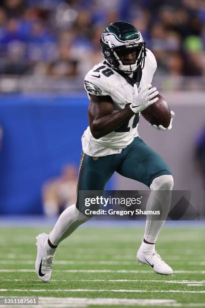 Jalen Reagor of the Philadelphia Eagles plays against the Detroit Lions at Ford Field on October 31, 2021 in Detroit, Michigan.