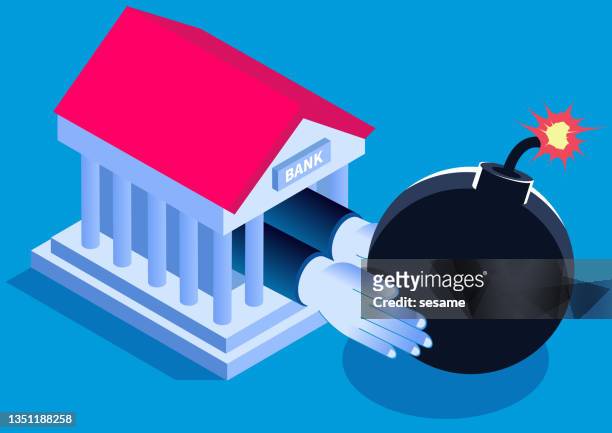 stockillustraties, clipart, cartoons en iconen met business crisis and financial risk, isometric bank with outstretched hand holding bomb. - terrified