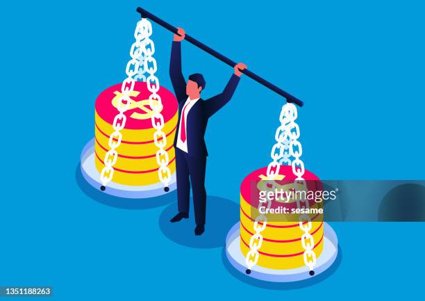 isometric businessman lifting up gold coins inside scales, business concept illustration - finance and economy stock illustrations