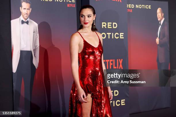 Gal Gadot attends the World Premiere Of Netflix's "Red Notice" at L.A. LIVE on November 03, 2021 in Los Angeles, California.
