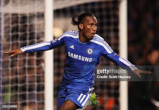 Didier Drogba of Chelsea celebrates as he scores their third goal during the UEFA Champions League Group E match between Chelsea FC and Valencia CF...