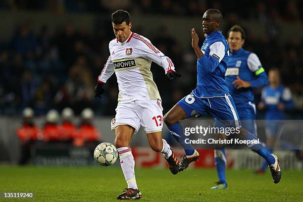 Anele Ngongca of Genk challenges Michael Ballack of Leverkusen during the UEFA Champions League group E match between KRC Genk and Bayer 04...
