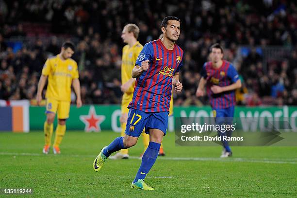 Pedro Rodriguez of FC Barcelona celebrates after scoring his team's fourth goal during the UEFA Champions League group H match between FC Barcelona...