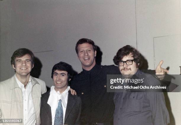 The Smothers Brothers Comedy Hour Writer and performer Bob Einstein poses with fellow writers Steve Martin, David Steinberg and Carl Gottlieb circa...