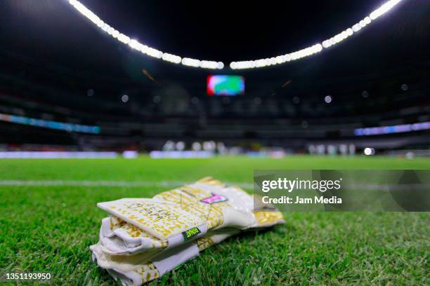 Detail of the gloves of Rodolfo Cota, goalkeeper of Leon, during the 11th round match between Cruz Azul and Leon as part of the Torneo Grita Mexico...