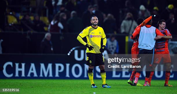 Antonio da Silva of Dortmund looks dejected after loosing the UEFA Champions League group F match between Borussia Dormtund and Olympique de...