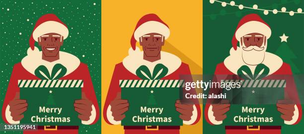 Happy Handsome Senior Men Dressed In A Santa Claus Suit Holding A Christmas Present With Three Backgrounds High-Res Vector Graphic