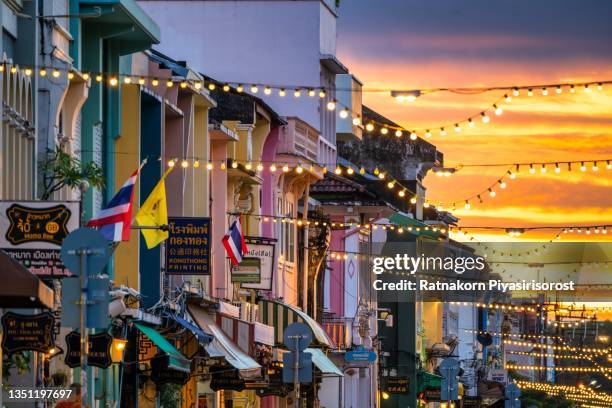 beautiful building of sino portuguese architecture in phuket old town at twilight, thailand. it is a famous tourist attraction - phuket photos et images de collection