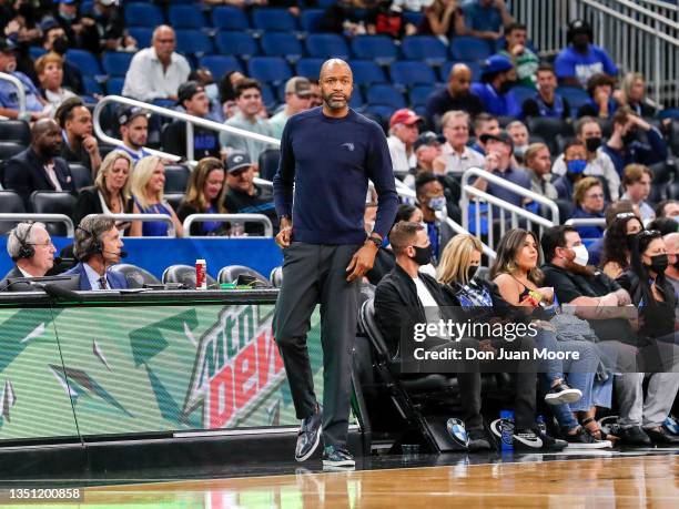 Head coach Jamahl Mosley of the Orlando Magic walks the sideline during action against the Boston Celtics at the Amway Center on November 2, 2021 in...