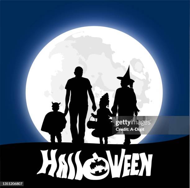 halloween trick or treat family outing - halloween kids stock illustrations