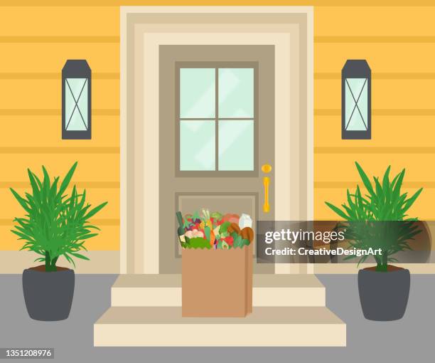 online grocery shopping and delivery concept with fresh vegetables, cheese, milk carton, bread and wine bottle - front door stock illustrations