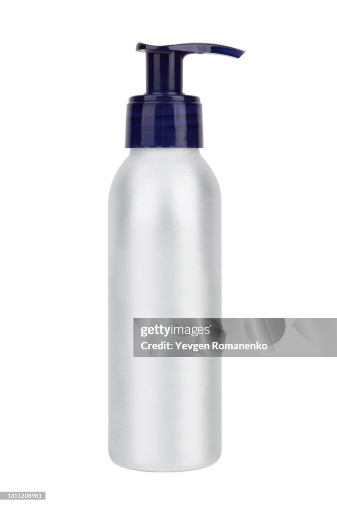 Aluminium bottle with dispenser isolated on white background