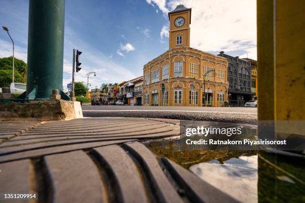 famous view point of phuket old town, the best to walk around and see the various sino-portuguese buildings - phuket old town stock pictures, royalty-free photos & images