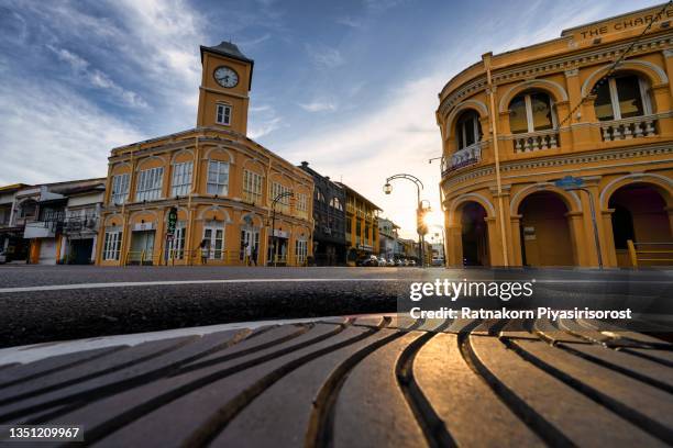 famous view point of phuket old town, the best to walk around and see the various sino-portuguese buildings - phuket old town stock-fotos und bilder