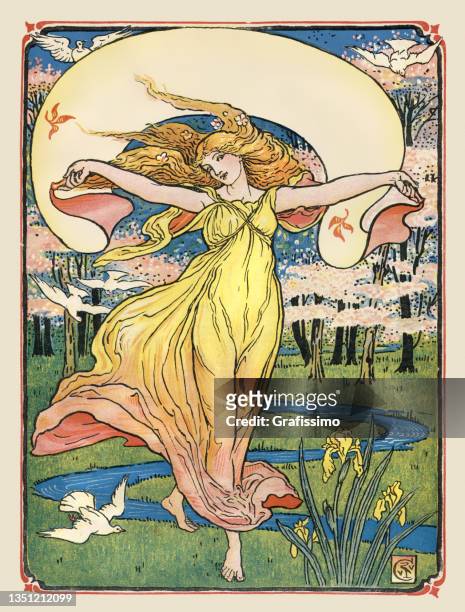 ilustrações, clipart, desenhos animados e ícones de mulher dançando na natureza art nouveau 1897 - art nouveau